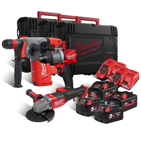 KIT 18V TRAPANO + SMERIGLIA + TASSELLATORE + 2 BATT. + 2 CARICABATT. + 3 VAL