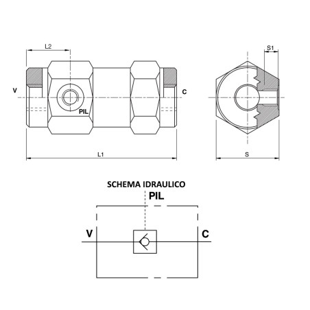 VALVOLA DI BLOCCO PILOTATA S.E. 3/8" LT. 30 3 VIE IN LINEA